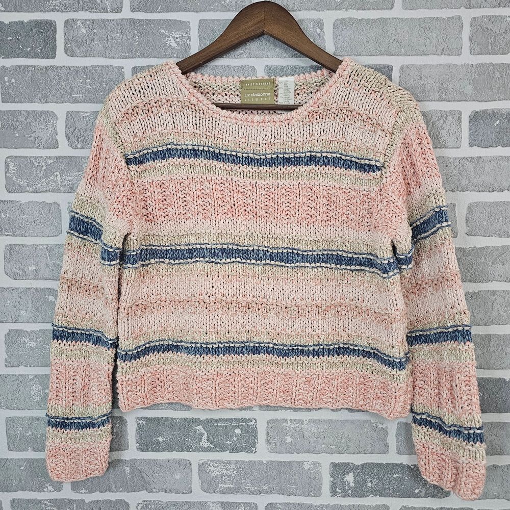 Liz Claiborne Lizwear Cottagecore Hand Knit Silk Blend Striped Sweater Women's M - Picture 2 of 7
